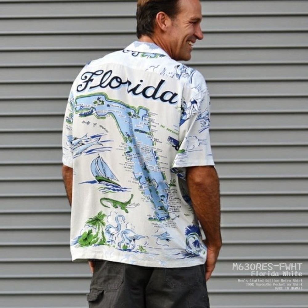JAMS World Silk “Florida” Map Tropical Short Sleeve Button Down Shirt Size XS